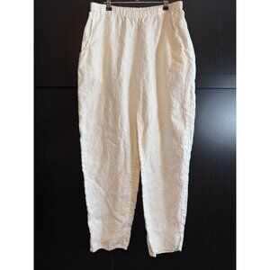 Flax 100% Linen Barrel Leg Pull On White Pants Medium Pockets Lagenlook